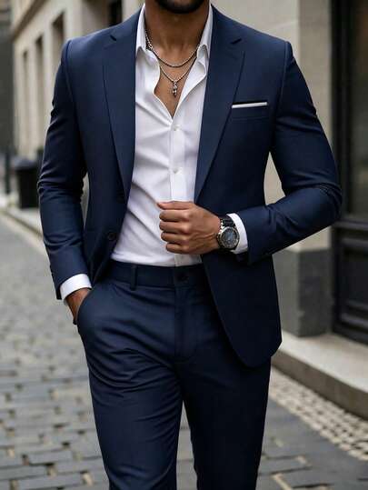 Manfinity Mode Bộ vest nam màu trơn, cổ bẻ, tay dài và quần tây, kiểu dáng lịch sự, thích hợp cho công sở và các buổi đi chơi.