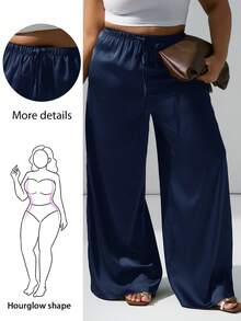 Hourglow Plus Size Wrinkle-Resistant Satin Straight Leg Loose Pants, Suitable For Valentine's Day, For Hourglass Body Shape - Navy Blue - View 1