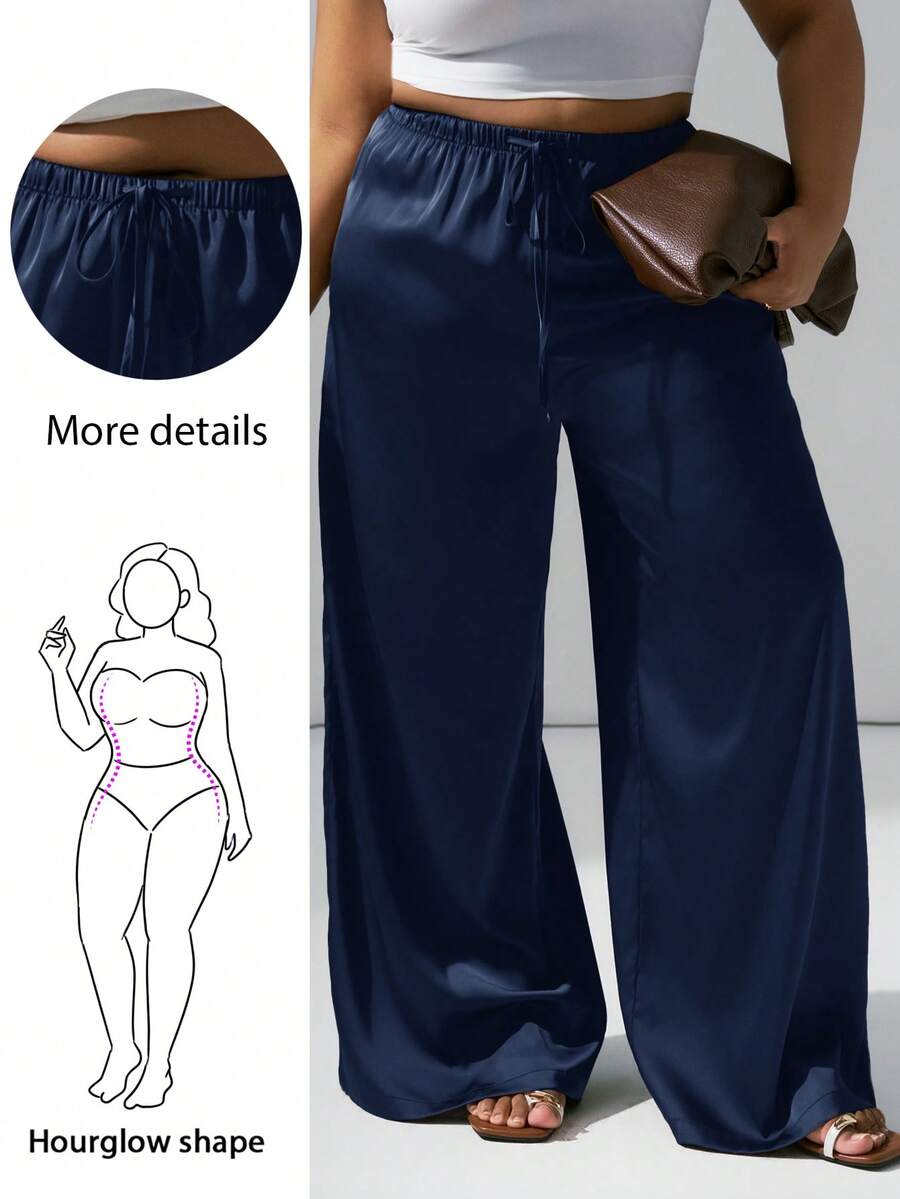 Hourglow Plus Size Wrinkle-Resistant Satin Straight Leg Loose Pants, Suitable For Valentine's Day, For Hourglass Body Shape - Navy Blue - View 1
