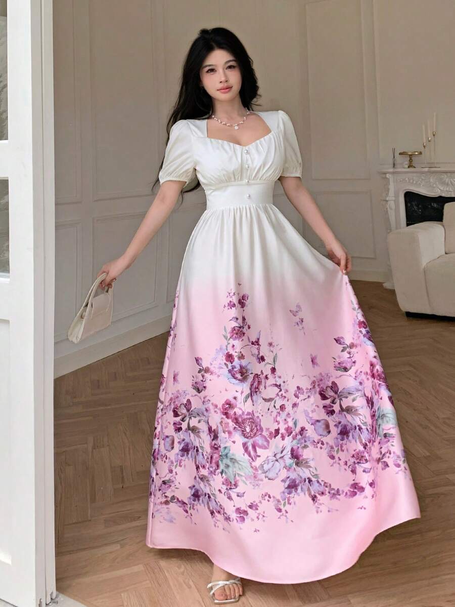 Celisse Square Neck Pearl Button Puff Sleeve Elastic Waist Floral Print Dress For Women - Multicolor - View 1