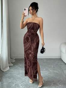 SHEIN Raffinéa Allover Print Ruched Side Tube Bodycon Dress Maxi Women Outfit - Coffee Brown - View 8