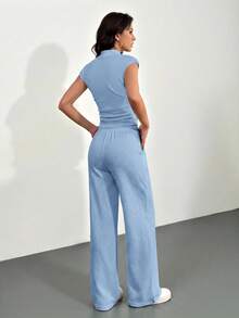 SHEIN Tall 2件組女款夏季休閒居家服 淺藍色純色立領百褶上衣與長褲套裝，舒適運動服兩件套，適合高個女性 - 淺藍色 - 查看 4