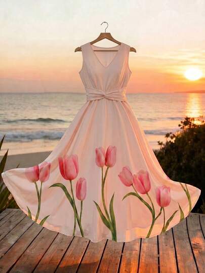 GlowEve CURVE Tulip Print V-Neck Twist Waist Sleeveless Dress, A-Line Flowy Dress Suitable For Spring Garden Picnic, French Cafe Check-In, Valentine's Date, Commute Outfit, Elegant Vibe