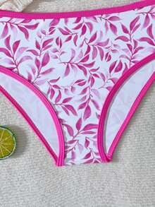 SHEIN Bộ bikini in hình lá cây dành cho bé gái tuổi teen, màu hồng cánh sen với viền hồng cánh sen, chất liệu vải dệt kim, 2 mảnh, kiểu dáng thời trang, thanh lịch, phù hợp cho bơi lội, kỳ nghỉ hè. - Hồng - Xem 4