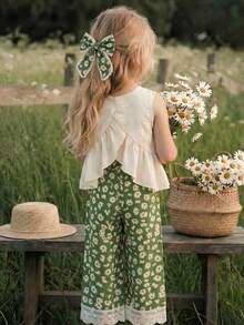 Emery Rose Kids Emery Rose Kids 2件套女童无袖纯色圆领休闲上衣和长裤套装，带荷叶边的幼儿女童夏季套装；2件套幼儿女童可爱复古风碎花套装，夏季服装；儿童夏季两件套女童服装；少女服装裤装套装；女童无袖上衣和碎花阔腿裤套装，带蕾丝边，非常适合夏季玩耍；夏季服装；春季女童套装；两件套女童裤装；少女两件套夏季服装，荷叶边飘逸套装，女童裤装和上衣 - 綠色 - 查看 5