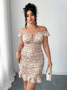 Elenzga Plus Size Women's Spring/Summer Vacation Floral Print Dual-Color Pleated Flare Sleeve Ruffle Hem Tie-Front Bodycon Mini Dress - Orange - View 3