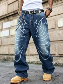 Manfinity EMRG Men's Striped Contrast Color American Street Graphic Print Pocket Jeans - Blue - View 5