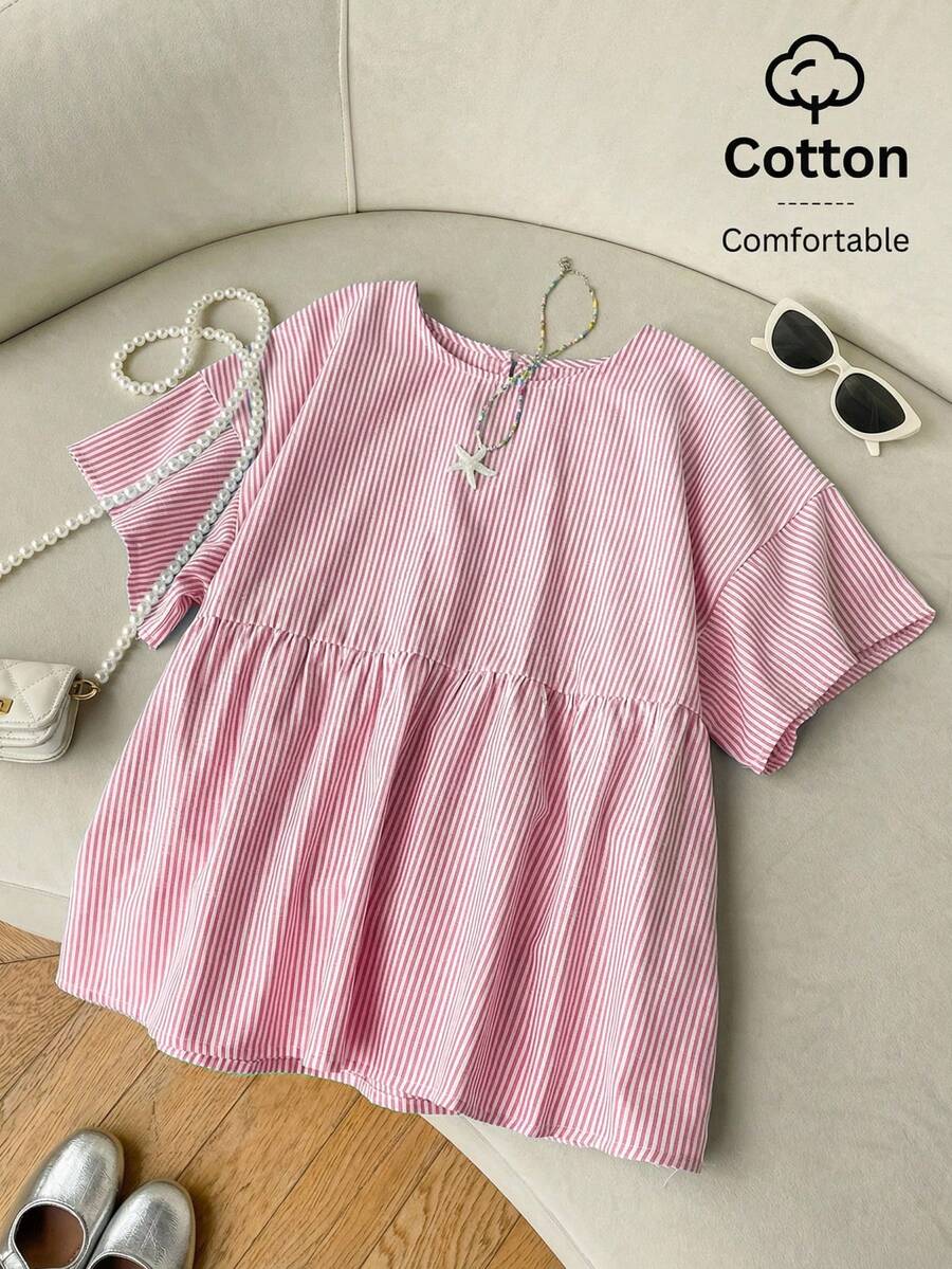 SHEIN EZwear 女士休闲条纹梭织衬衫,夏季 - 橘色 - 查看 1