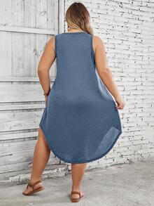 SHEIN CURVE+ Plus Size Women's Solid Color Curved Hem Vest Dress - Dusty Blue - View 2