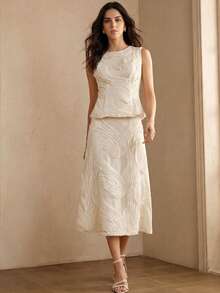 Anewsta Spring/Summer New Elegant Romantic 3D Textured Ombre Pearl Sleeveless Waist Cinched 2-Piece Set, Suitable For Vacation, Party, Business, Beach Date - Apricot - View 1