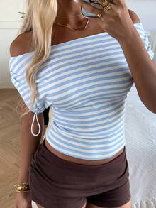 SHEIN EZwear Áo thun nữ dáng ôm, cổ lệch, kẻ sọc xanh trắng, thích hợp mặc đi nghỉ mát và đi làm, mùa hè. - Xanh và trắng - Xem 4