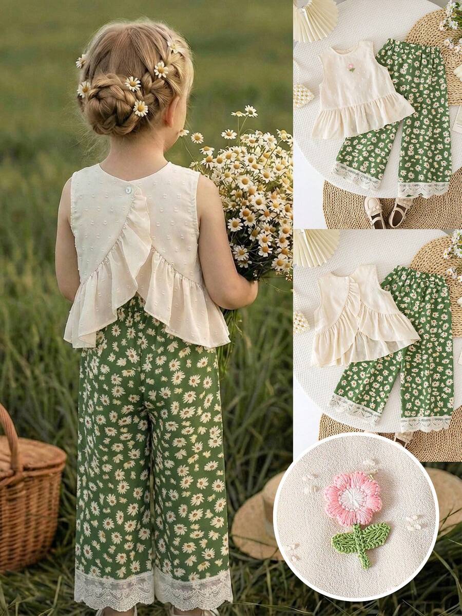 Emery Rose Kids Emery Rose Kids 2件套女童无袖纯色圆领休闲上衣和长裤套装,带荷叶边的幼儿女童夏季套装;2件套幼儿女童可爱复古风碎花套装,夏季服装;儿童夏季两件套女童服装;少女服装裤装套装;女童无袖上衣和碎花阔腿裤套装,带蕾丝边,非常适合夏季玩耍;夏季服装;春季女童套装;两件套女童裤装;少女两件套夏季服装,荷叶边飘逸套装,女童裤装和上衣 - 綠色 - 查看 1