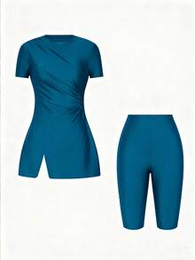 Swim Mulvari Bộ đồ bơi nữ mùa hè mới, cổ tròn, tay ngắn, xếp ly vai, xẻ tà và quần short Bermuda đen, kiểu dáng thoải mái, thích hợp cho kỳ nghỉ hoặc đi biển. - Màu xanh lam - Xem 6