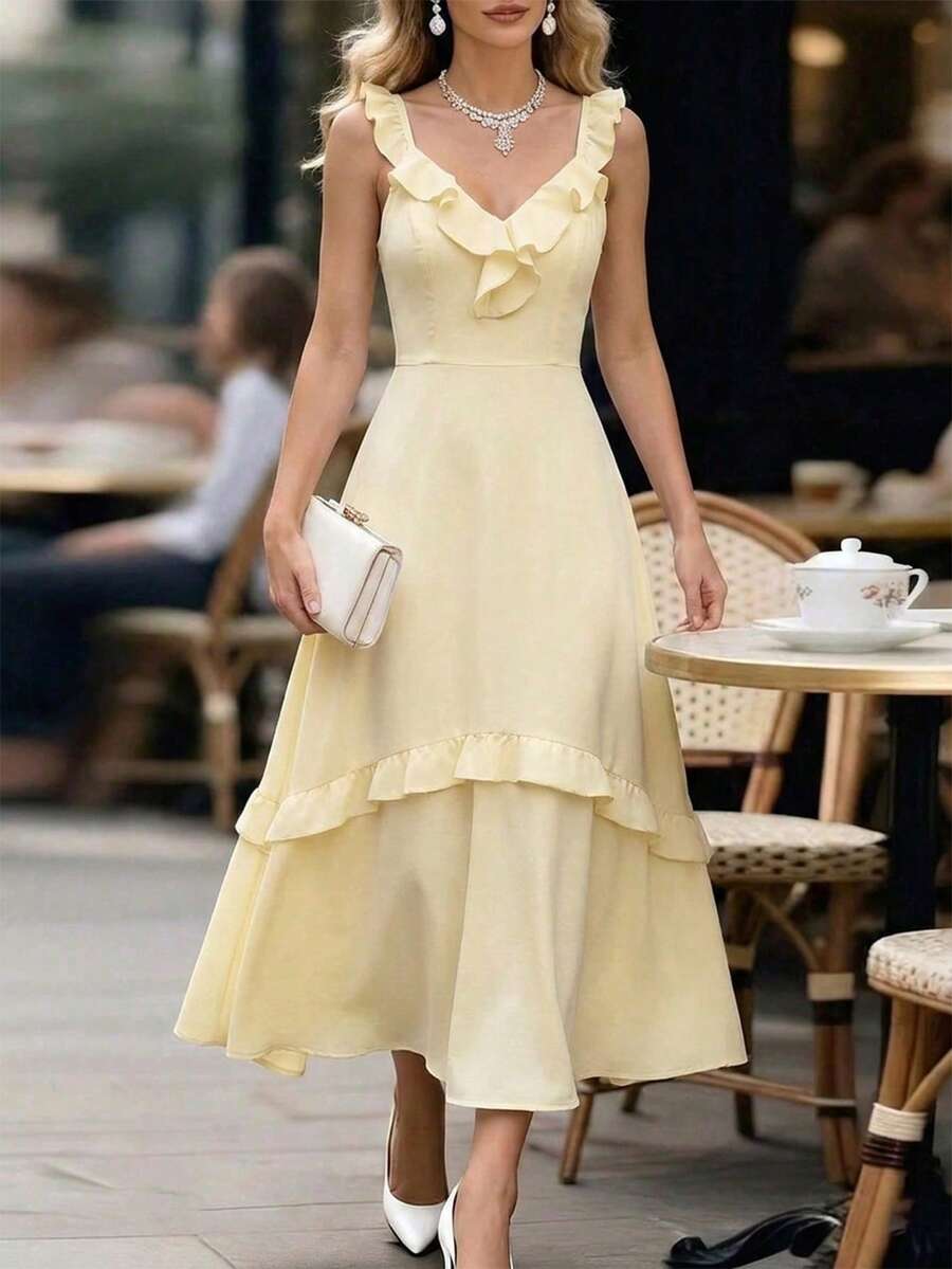 Elenzga Đầm nữ kiểu dáng bohemian năng động, cổ chữ V, viền bèo nhún, eo xòe, thích hợp cho du lịch, đi biển, dạo vườn, chụp ảnh đường phố, lễ hội âm nhạc, tiệc tùng, trang phục mùa hè. - Vàng nhạt - Xem 1