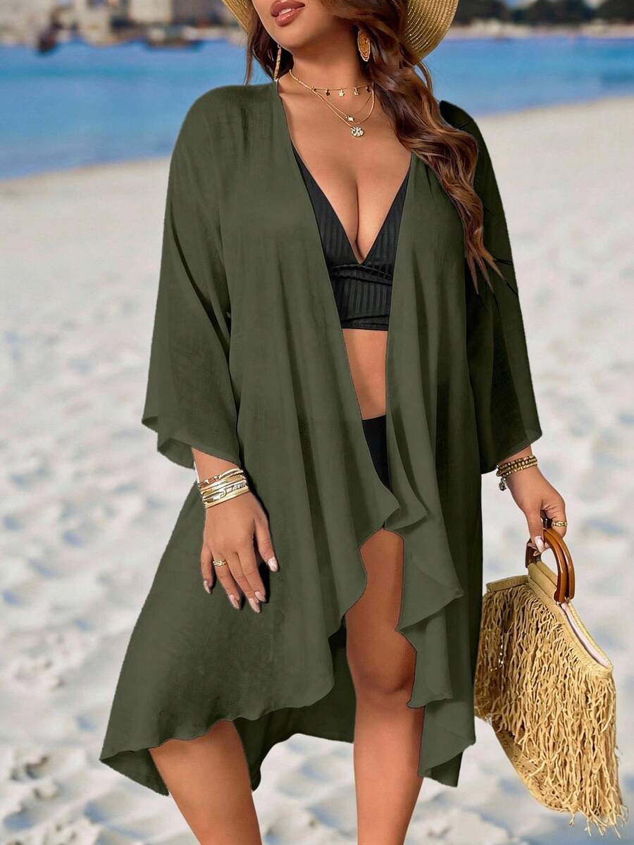 Swim Lushoire Áo khoác ngoài dáng kimono màu đen trơn, nhẹ, rộng rãi dành cho nữ cỡ lớn, thiết kế trưởng thành và tối giản. - màu xanh lá - Xem 1
