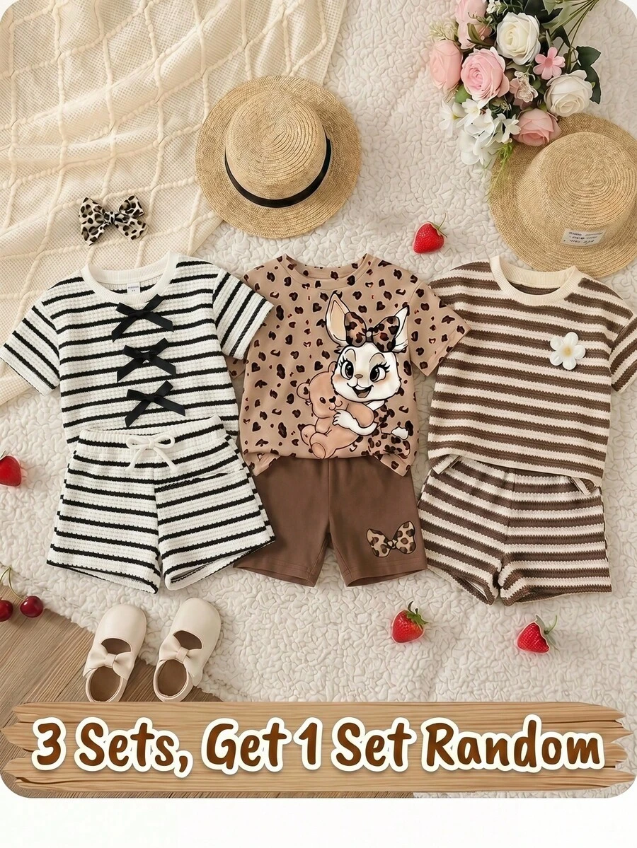 Baby Girl Knitted Striped Round Neck T-Shirt And Shorts ,3 Sets, Get 1 Set Random - Black and White - View 1
