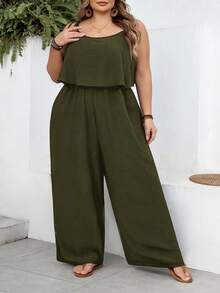 SHEIN CURVE+ Curve 尺码 US22 音乐节、海滨度假、波西米亚风女士休闲度假纹理纯色连体裤 - 軍綠色 - 查看 5