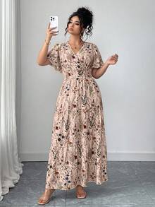 SHEIN Clasi 大码女式V领收腰花卉荷叶袖长款连衣裙，休闲优雅时尚春夏海滩装扮，下午茶派对，复活节 - 彩色 - 查看 5