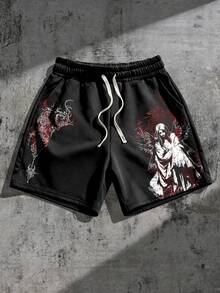 ROMWE MEN Men's Loose Dark Figure Print Shorts - Black - View 5
