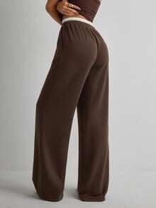 Casual Versatile Contrast Color Drawstring Waist Pants - Brown - View 3