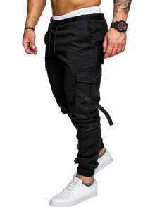 Manfinity Homme Men Flap Pocket Buckle Detail Drawstring Waist Cargo Pants, For Fall - Black - View 3