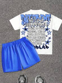 SHEIN Baby Boy Letter & Face Print Round Neck Short Sleeve T-Shirt And Shorts Casual Minimalist Set, Suitable For Summer - Multicolor - View 3