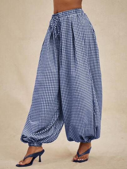 NYA SZN Pants High Waisted Rise Balloon Pant Loose Oversized Brown Gingham Warm Weather Club Mothers Day Spring Summer Casual Everyday Business Office Event Party Occasion Vacation Beach Travel Airport For Women