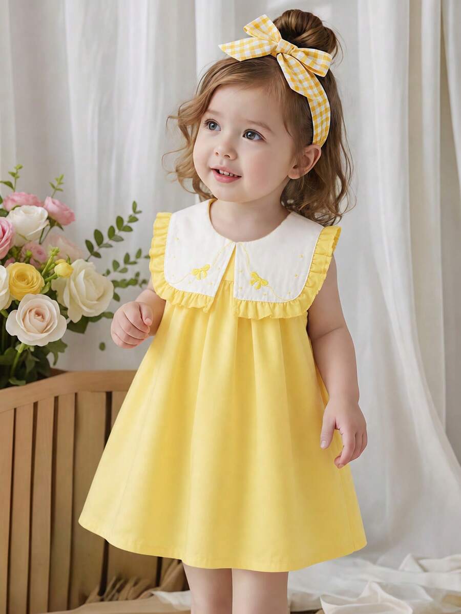 SHEIN Vintaside Kids 1 buah Gaun Bayi Perempuan Musim Panas Model Baru Kerah Peter Pan, Blok Warna, Ruffle, Pita Bordir, Bagian Belakang Terbuka Warna Pink, Manis & Imut untuk Jalan-jalan, Bepergian, Liburan