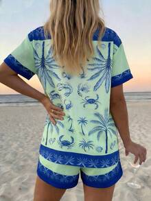 Vaclyn Women's Summer Vacation Casual Printed Shirt & Shorts Set - Mint Green - View 2