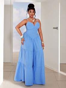 Maweii Mono de tiras de espagueti con escote en V sexy para talla grande, ideal para vacaciones en la playa - Azul - Ver 5