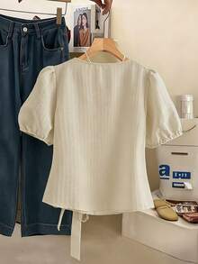 GlowEve CURVE Plus Size Striped Jacquard Linen-Like Short Sleeve Square Collar Casual Blouse For Women, Spring/Summer - Apricot - View 2