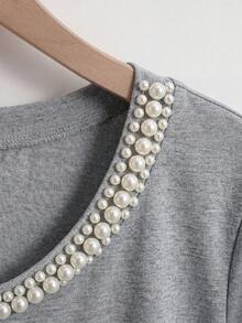 GlowEve CURVE Plus Size Women Pearl Decor Round Neck Short Sleeve T-Shirt - Grey - View 3