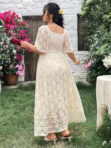 Modelyn 女士短袖波西米亚风柔软蕾丝优雅舒适夏季大码连衣裙 - 杏色 - 查看 2