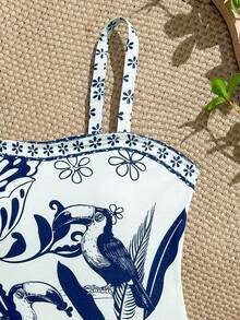SHEIN Traje de baño de una pieza con estampado tropical y tirantes ajustables para adolescentes, con bloques de color azul y blanco, diseño elegante y casual adecuado para nadar en verano - Multicolor - Ver 3