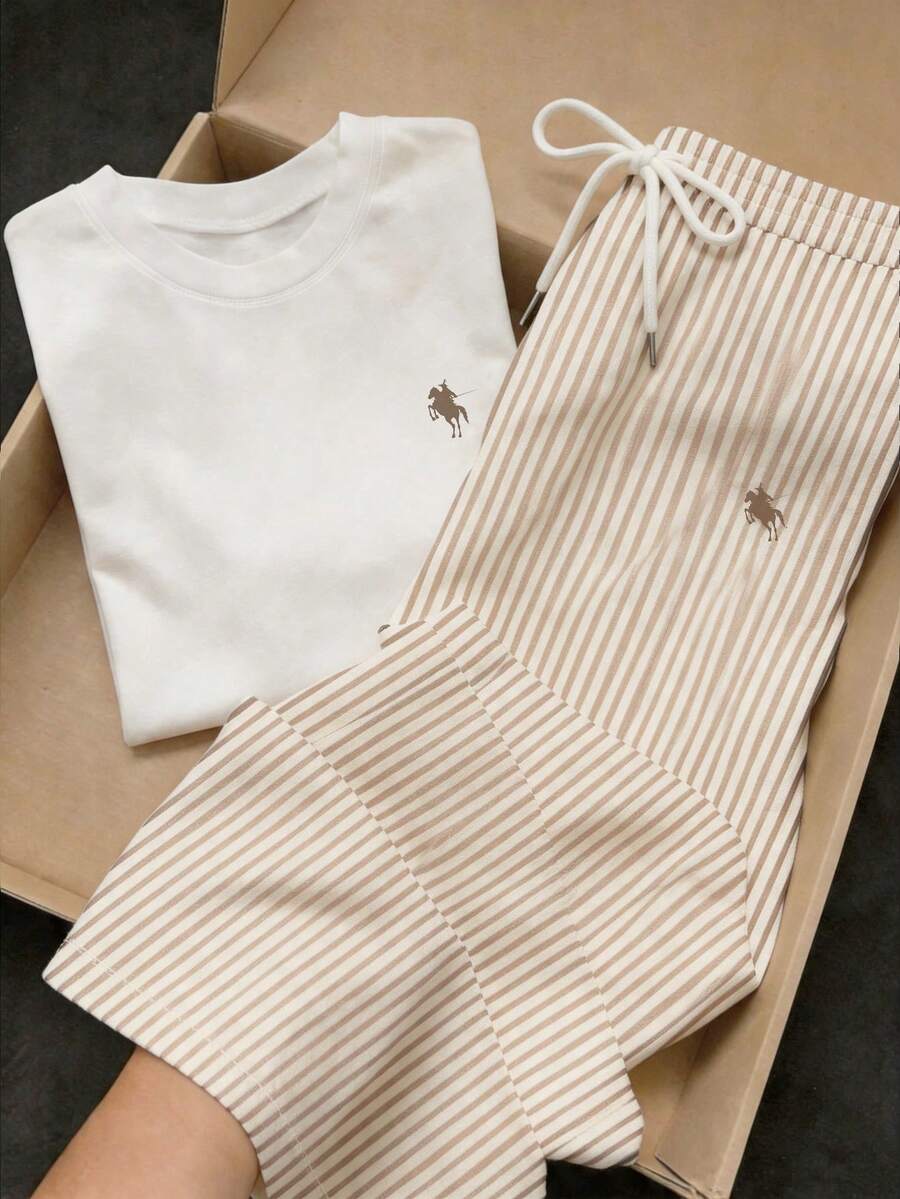 SHEIN EZwear Bộ 2 món gồm áo tay ngắn cổ tròn thêu và quần in họa tiết kẻ sọc, phong cách thường ngày. - Màu Khaki - Xem 1