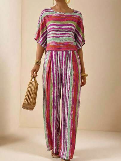 Vesra Women's Vacation Style Colorful Striped Batwing Sleeve Top + Matching Wide Leg Pants 2 Pieces Set