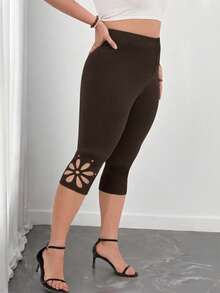 Elenzga Plus Size Solid Color Minimalist Hollow Out Leggings - Brown - View 5