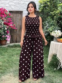 Modelyn Plus Size Women Casual Polka Dot Print Camisole & Pants 2 Pieces Set - Brown - View 4