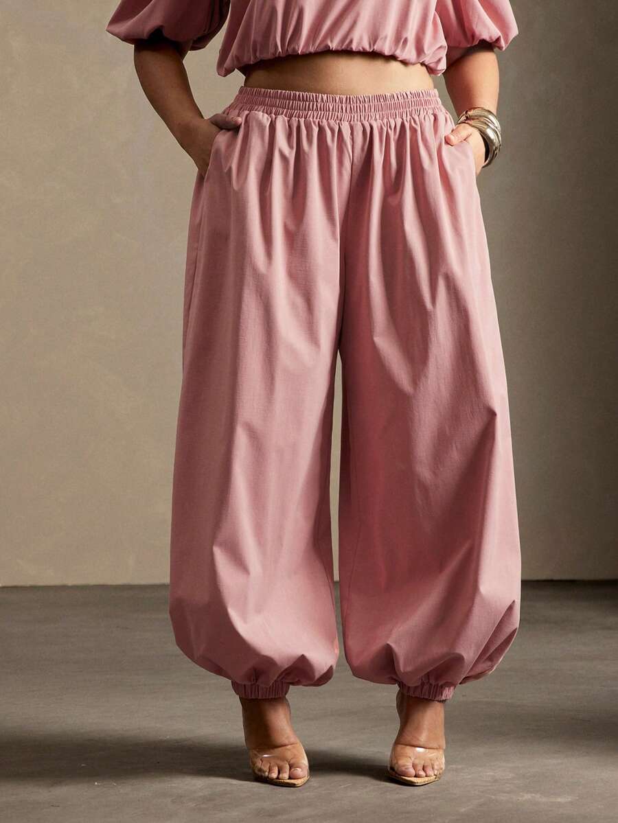 Vixey Solid Woven Elasticized Waistband Jogger Pants - Pink - View 1