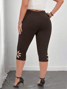 Elenzga Plus Size Solid Color Minimalist Hollow Out Leggings - Brown - View 2