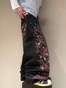 STEELVANCE Quần jeans ống đứng dáng rộng thoải mái với họa tiết râu mèo cổ điển, thời trang và dễ phối đồ. - màu đen - Xem 4