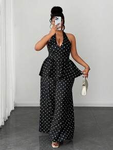 Maweii Plus Size Polka Dot Elegant 90s Commuting Fashion Versatile 2 Pieces Set Brunch Vacation Wedding Guest Black And White Summer - Black - View 1