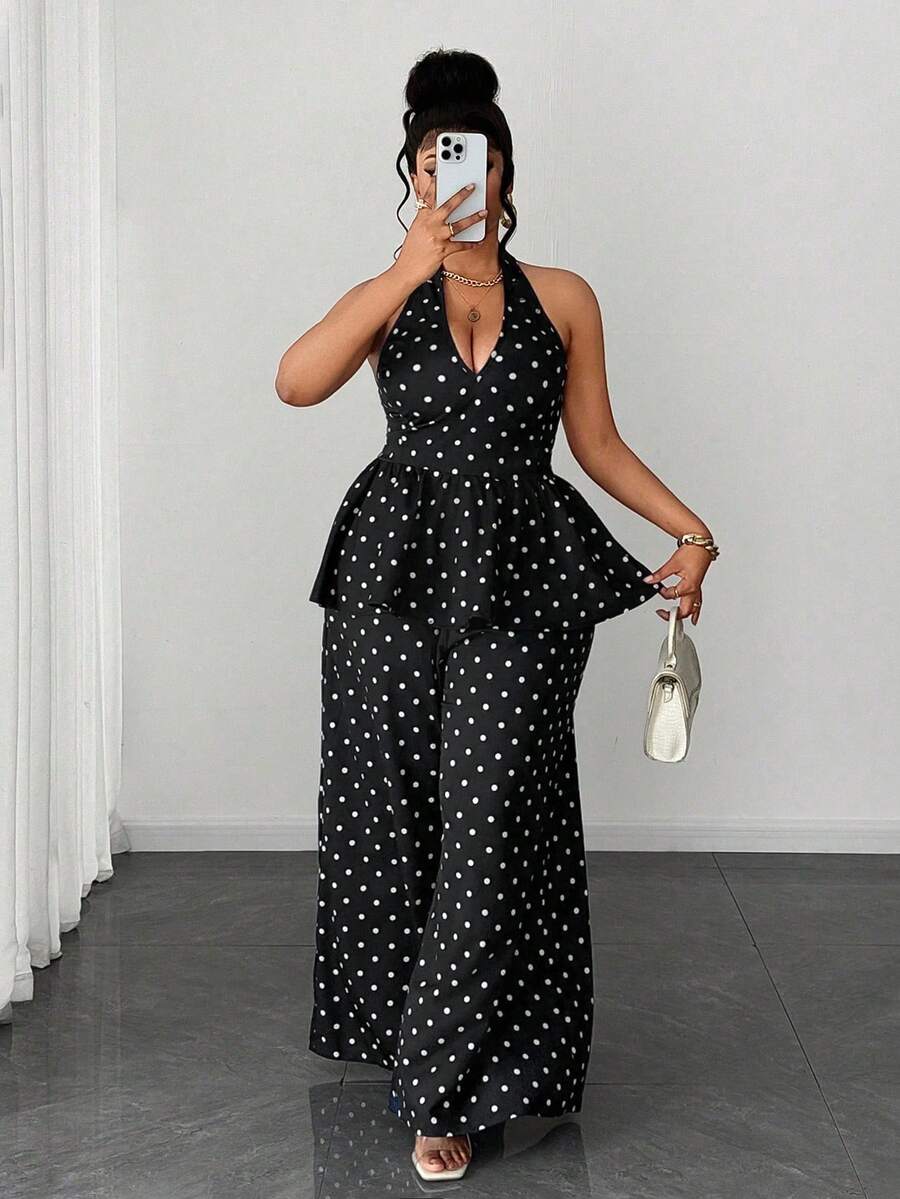 Maweii Plus Size Polka Dot Elegant 90s Commuting Fashion Versatile 2 Pieces Set Brunch Vacation Wedding Guest Black And White Summer - Black - View 1