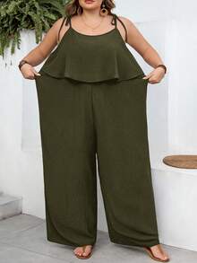 SHEIN CURVE+ Curve 尺码 US22 音乐节、海滨度假、波西米亚风女士休闲度假纹理纯色连体裤 - 軍綠色 - 查看 3