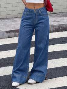 Tall Jeans de tiro alto, de pierna ancha y holgados, con bolsillos, versátiles, para uso casual en verano y primavera, elegantes para bodas y el Día de San Valentín - Azul lavado medio - Ver 2