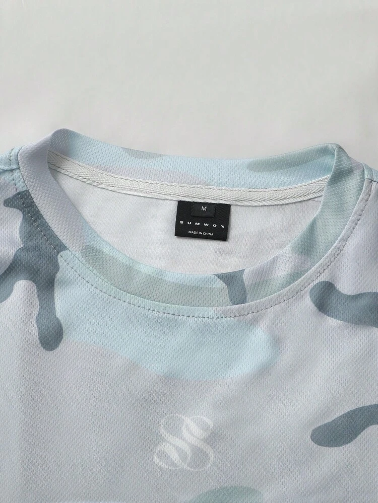 SUMWON Oversized Blue Camouflage Print Crew Neck Tee