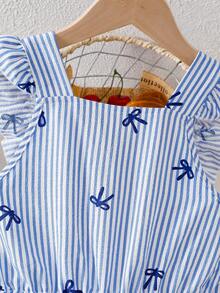 SHEIN Genkimix Kids Bộ áo liền quần dáng ôm vừa vặn kiểu vintage cho bé gái tuổi teen, có nơ và họa tiết sọc khắp thân áo, thích hợp cho các hoạt động ngoài trời mùa hè và đi học. - Nhiều màu - Xem 6