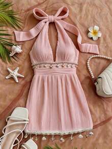 Women's Sleeveless Summer Dress With Halter Neck And Open Back In Solid Color - Pale Pink - View 3