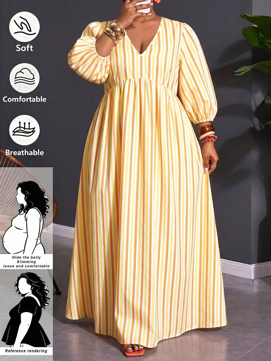 SHEIN CURVE+ 大码灯笼袖条纹V领连衣裙，适合所有肤色 - 黃色 - 查看 1
