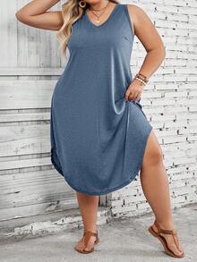 SHEIN CURVE+ Plus Size Women's Solid Color Curved Hem Vest Dress - Dusty Blue - View 9